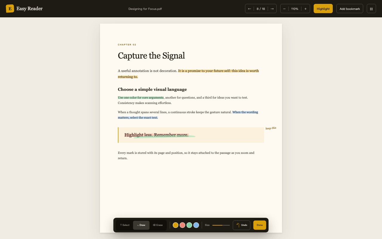 Easy Reader showing a highlighted PDF with annotation tools